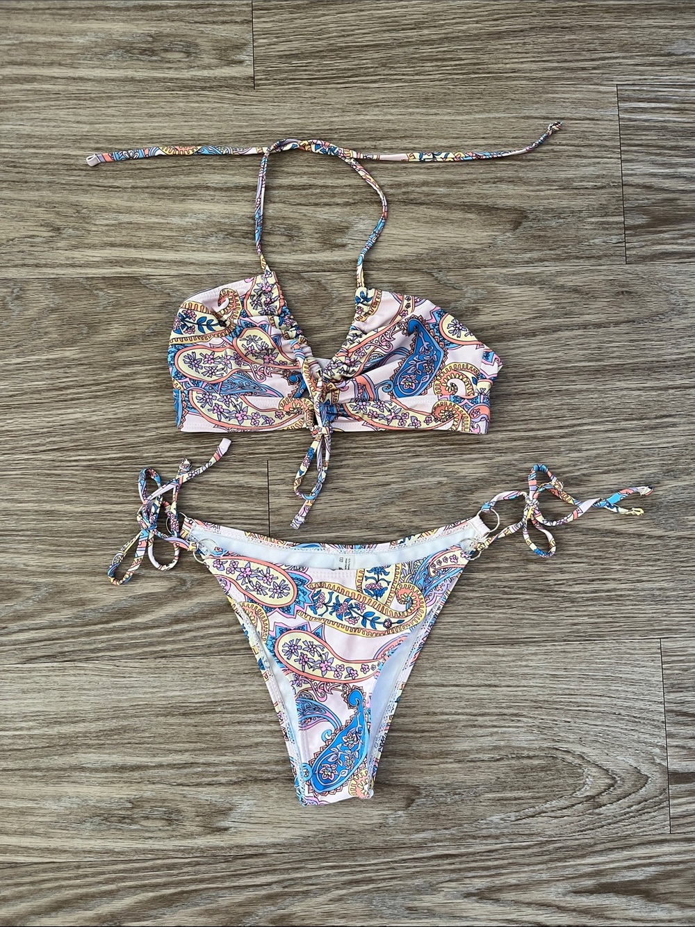 Paisley Print Tie-Side Bikini Set in Pink & Blue